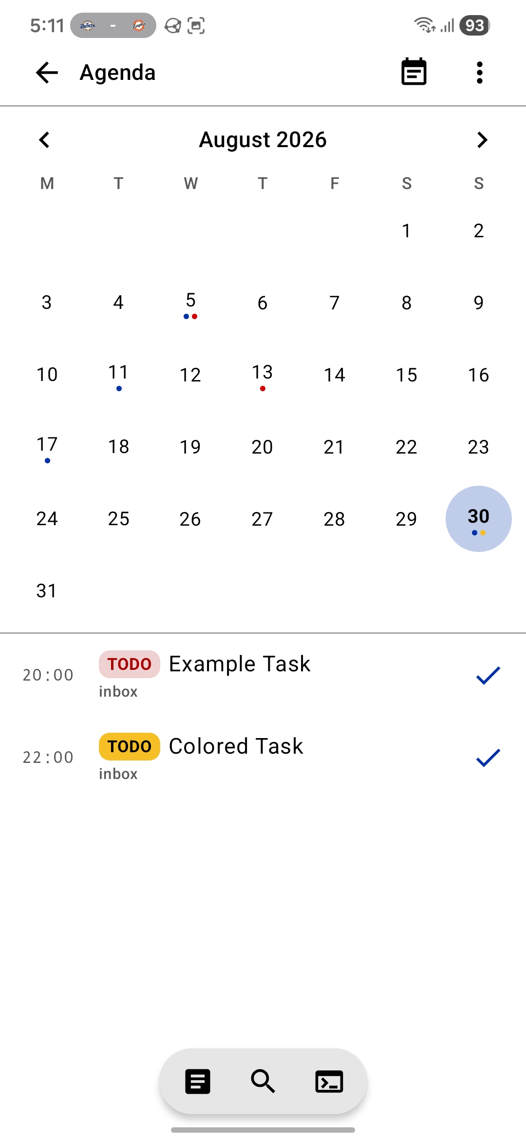 Agenda list beside a month calendar