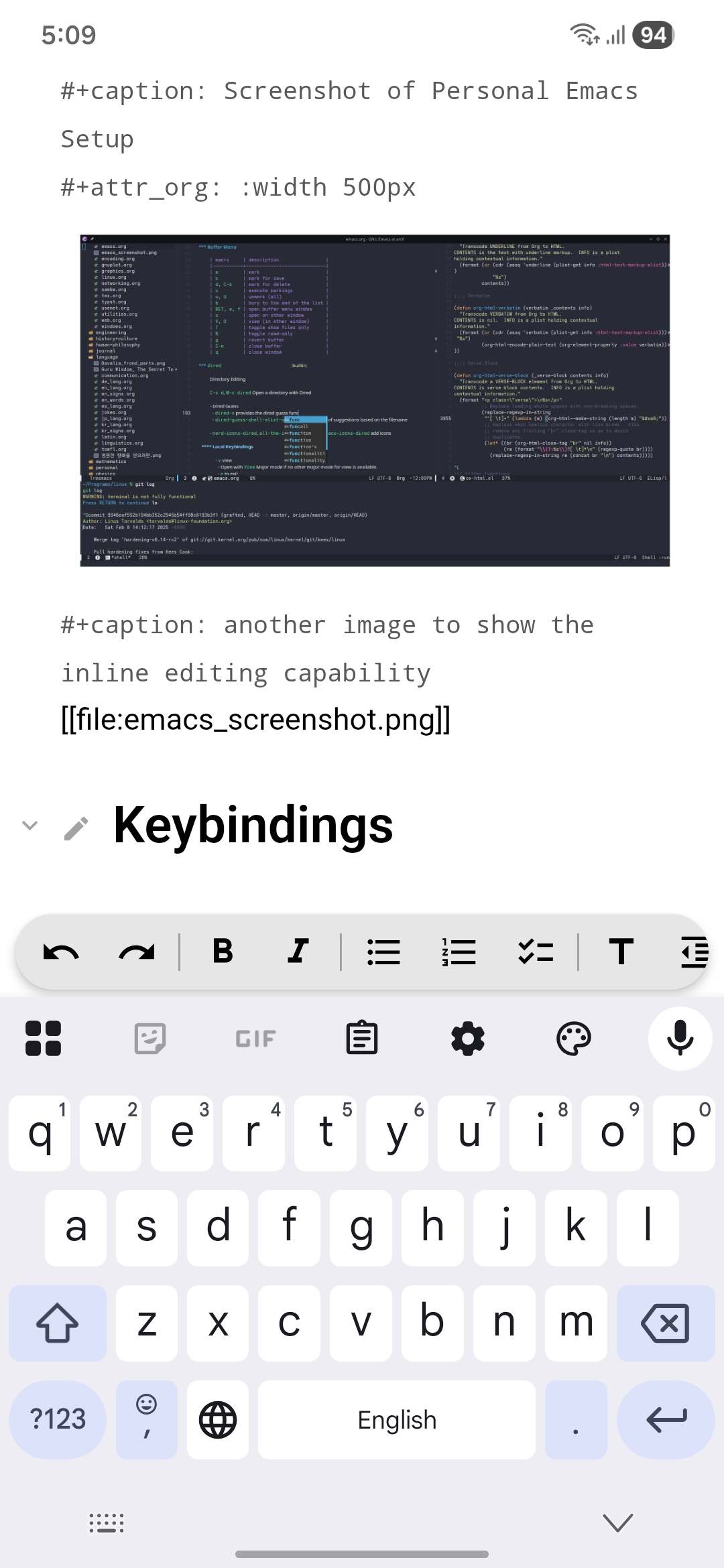 A heading being edited with an inline image below it