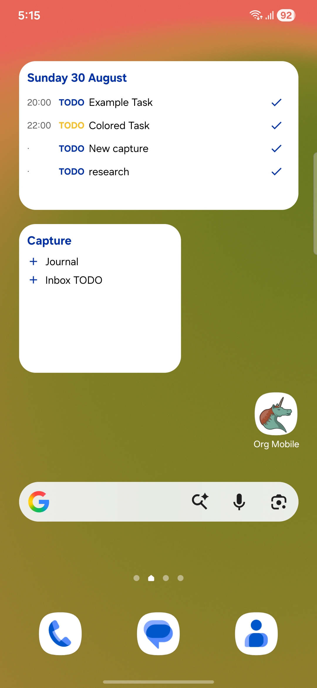 Home screen widgets for agenda, calendar and capture